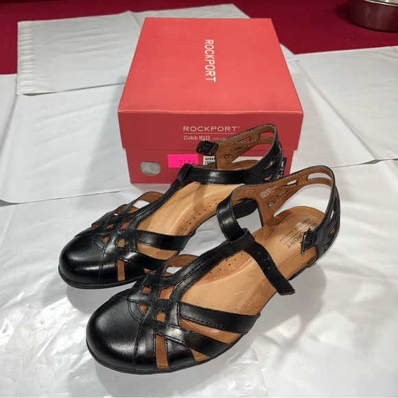 NEW Rockport Cobb Hill Women's 8.5M Aubrey Black Strappy Sandals Low Heel Buckle - Picture 12 of 13